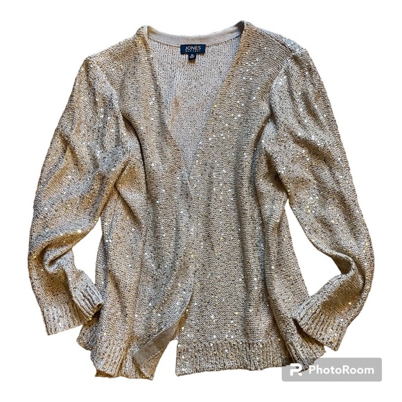 Jones New York - XL gold sweater w/ sequins - open front - beautiful knit - EUC! - Picture 1 of 7